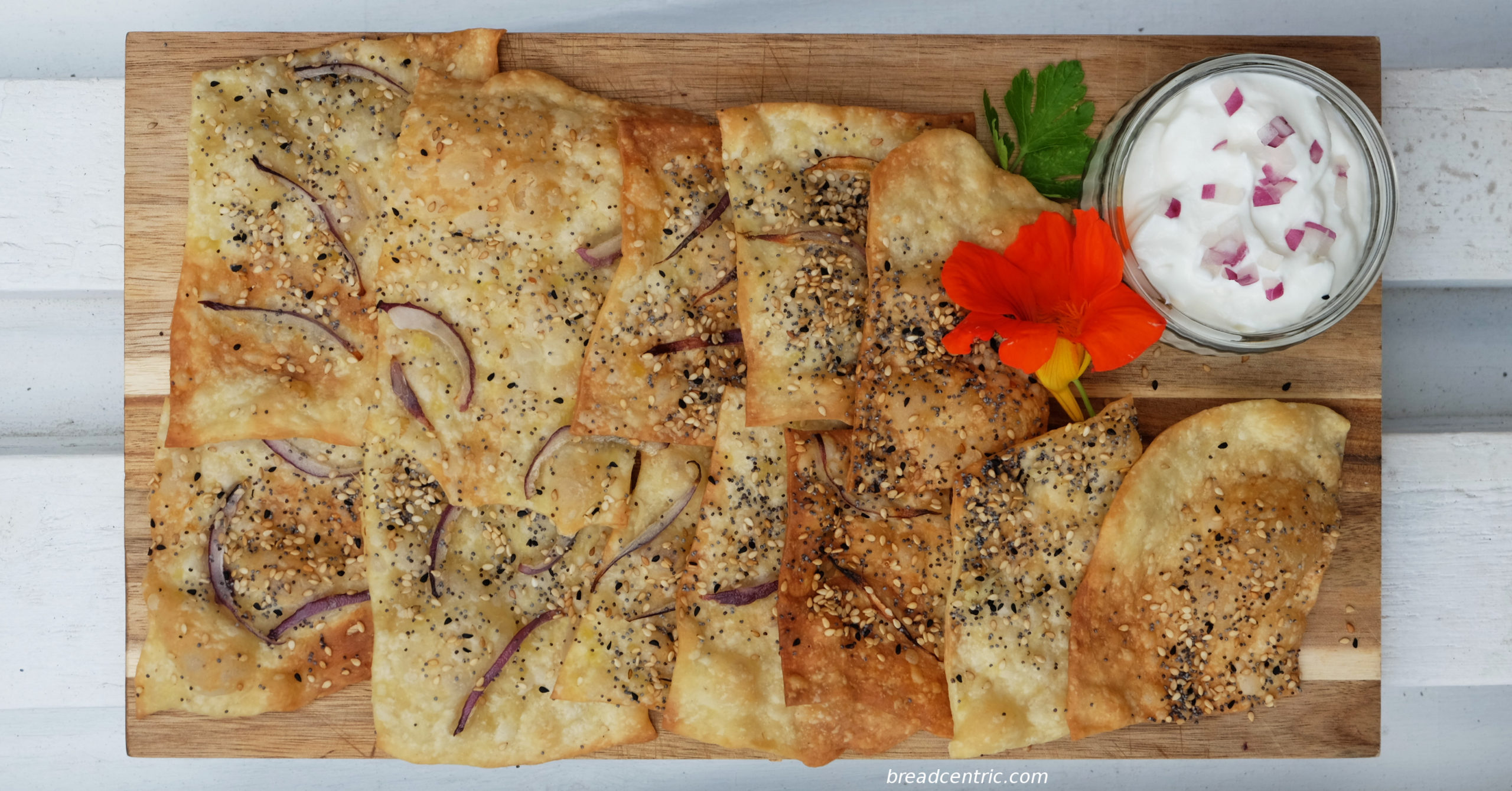Armenian flatbreads, served with a dip and an edible nasturtium flour (tastes a bit like radish)